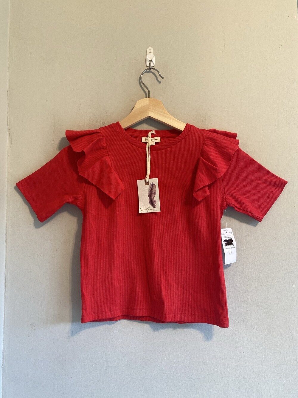 New Jessica Simpson Girls Red Ribbed Ruffle Shoulder Top L 12 NWT